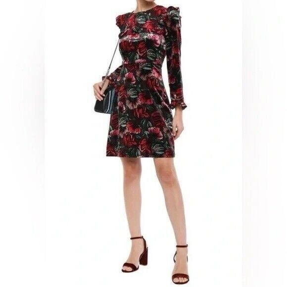 SANDRO Women's Velvet Velour Floral Dress Whimisgoth Dark Romance Silk Blend 38 - Picture 1 of 12
